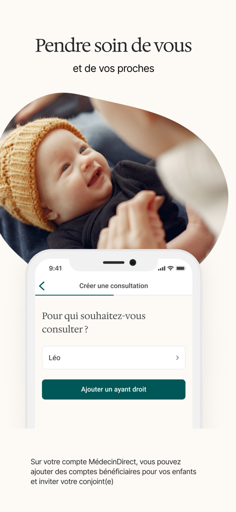 MedecinDirect | Consultez 24/7 - Interface de l'application MedecinDirect montrant comment ajouter un enfant ou un membre de la famille pour une consultation médicale