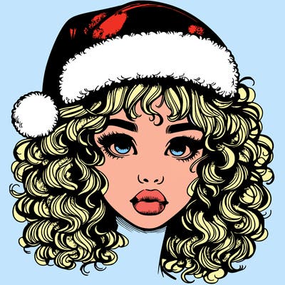 realistic girl with a santa hat curly hair and lips