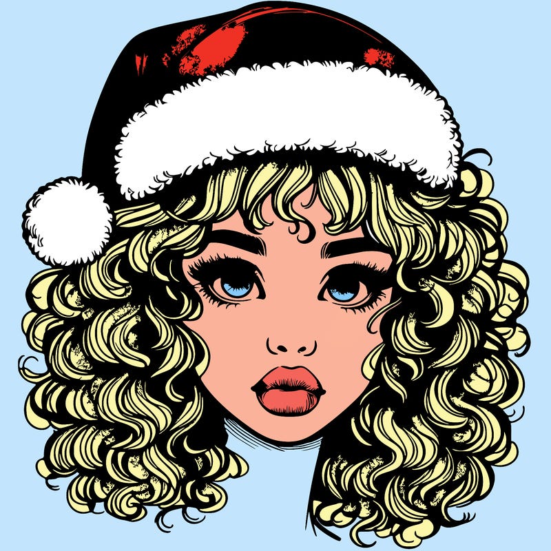 realistic girl with a santa hat curly hair and lips