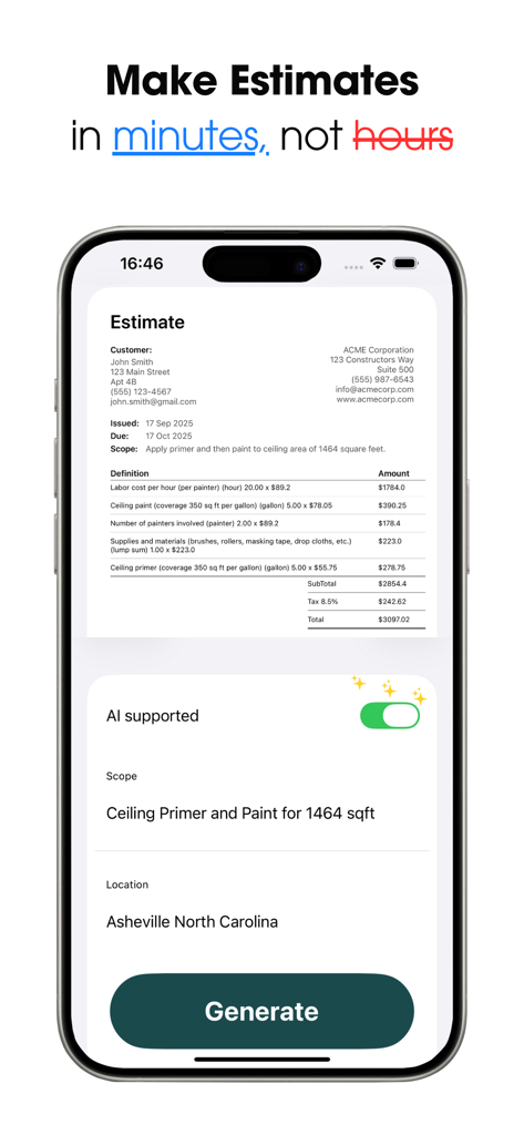AI Cost Estimates 4 Contractor - 샘플 전문 견적을 보여주는 AI 기반 계약자 견적 앱의 인터페이스