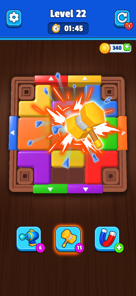 Color Jam Away - Block Puzzle - Gameplay screenshot of Color Jam Away showing a yellow hammer booster breaking colored blocks on Level 22