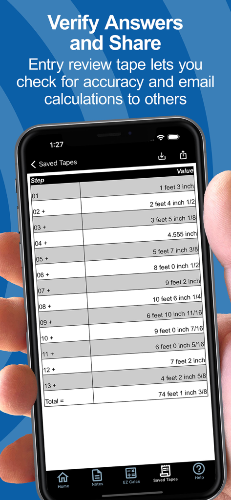 L'écran d'un smartphone affiche la fonction des bandes enregistrées, avec une liste de calculs de construction dimensionnels et un total final.