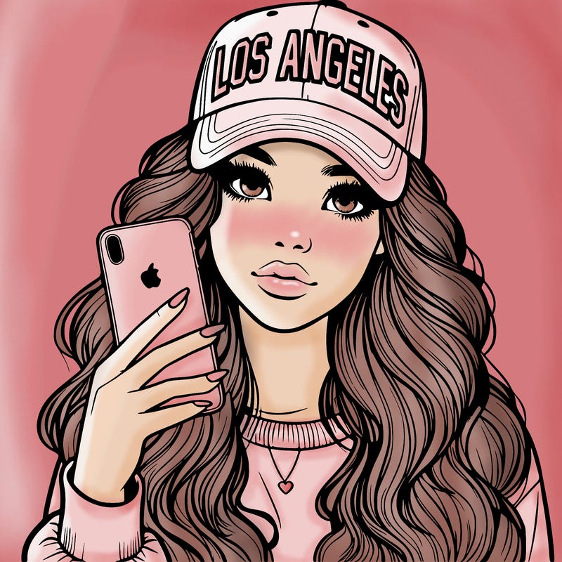 realistic beautiful girl wearing los ángeles cap holding an iphone