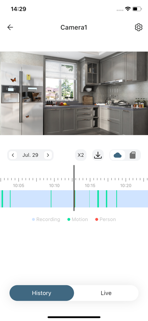 Interface of the Dristi surveillance app showing a video playback history of a kitchen with a timeline highlighting motion and person detection events