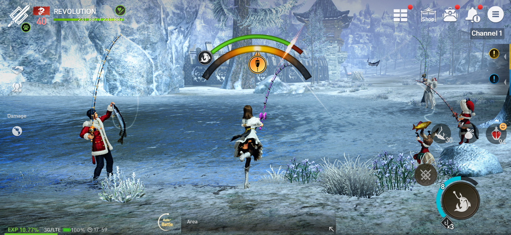 Blade&Soul Revolution - In-game screenshot of characters participating in a fishing minigame on a frozen lake in Blade and Soul Revolution
