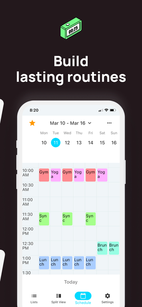 TimeFinder: Time Blocking - TimeFinder app interface showing color coded time blocks for daily routines on a weekly calendar