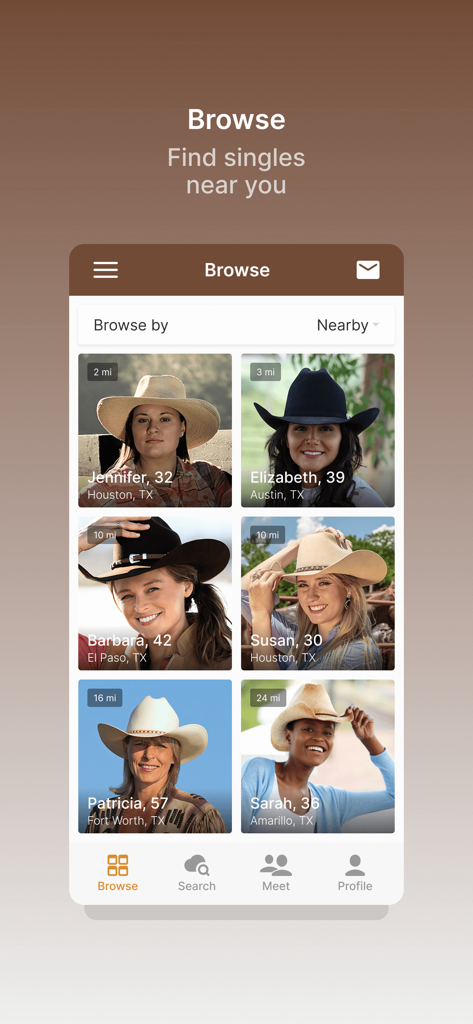 Browse screen of the Cowboy Dating Service app showing profiles of country singles wearing cowboy hats