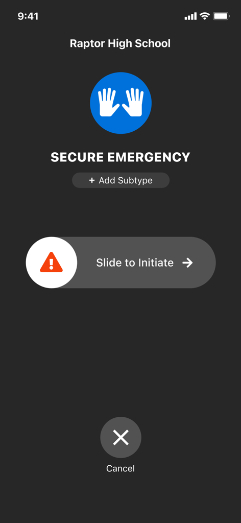 Raptor Alert - Raptor Alert mobile app screen showing a slide to initiate button for a secure emergency protocol.