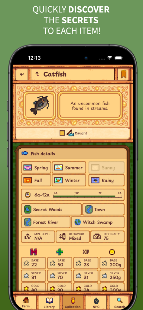 Gunther's Library for Stardew - Stardew Valleyのナマズの詳細情報（季節や場所を含む）を表示するモバイルアプリ画面