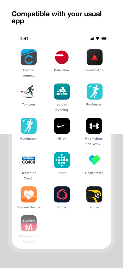 Una lista de aplicaciones de seguimiento de fitness compatibles, incluidas Garmin, Fitbit y Nike, que se sincronizan con Orange Heroes.