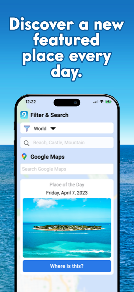 Pinpoint Where: Places to Know - Mobile app screen showing the Place of the Day feature with geography filters and a search bar