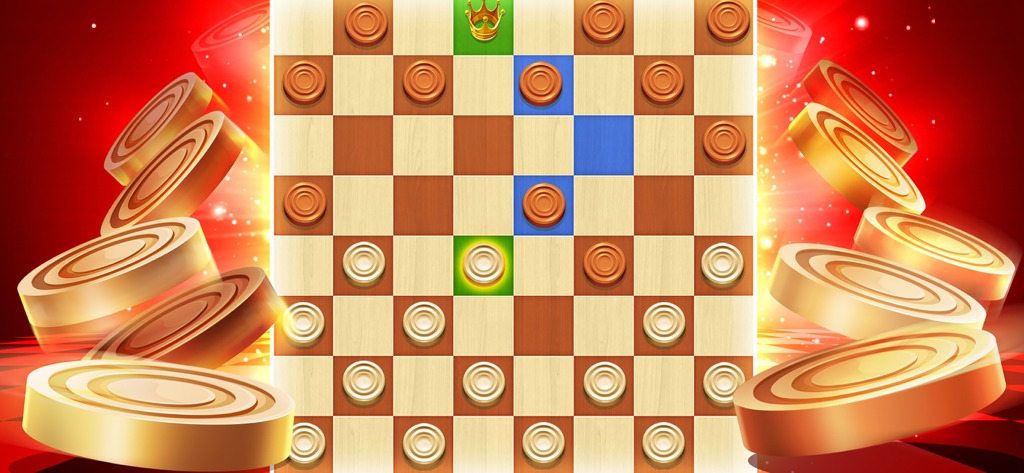 A digital checkers board with brown and white pieces including a crowned king piece