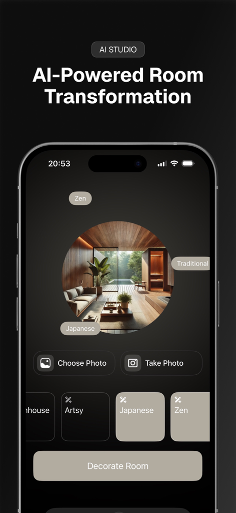 Kanai app interface for AI powered room transformation featuring Japanese and Zen interior design styles