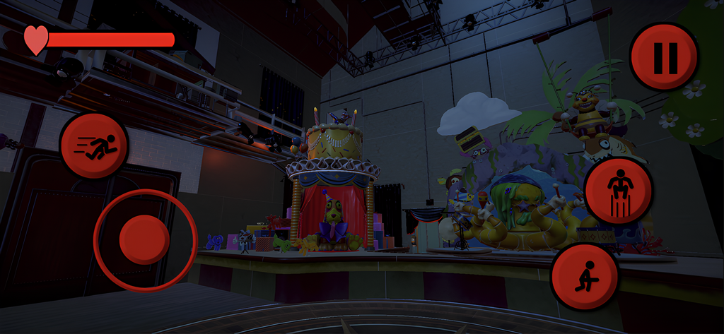 Fnaf Secret of the Mimic Mod - Gameplay screenshot of Fnaf Secret of the Mimic Mod showing mobile touch controls and a dark workshop stage with a birthday cake