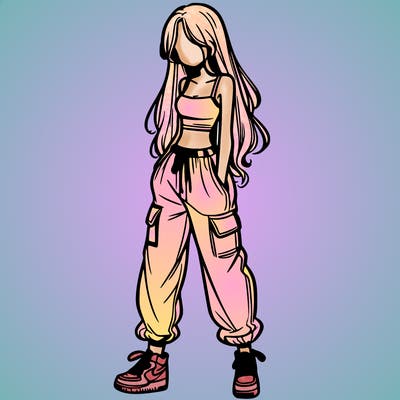 girl in baggy pants crop top and long hair