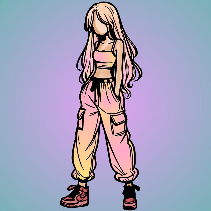 girl in baggy pants crop top and long hair