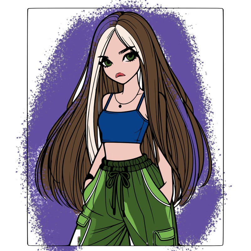 beautiful realistic girl with straight hair and baggy pants