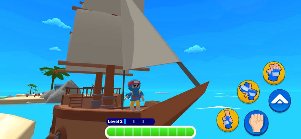 Ninja World Adventure - A blue ninja character on a wooden sailing boat in the middle of the ocean with gameplay control buttons.