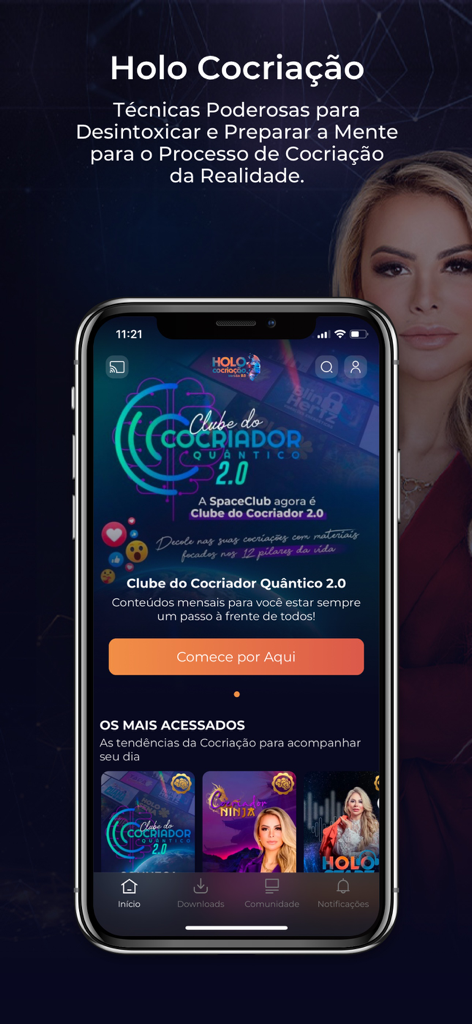 Holo Cocriação - Tela inicial do aplicativo Holo Cocriacao, apresentando treinamento de mentalidade e cursos de manifestação quântica