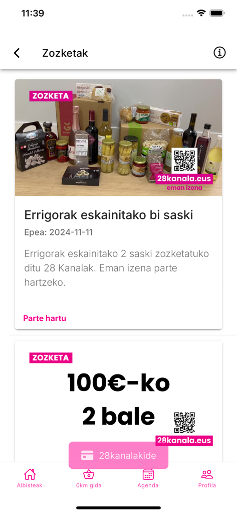 Mobile app screen showing local Basque sweepstakes and giveaway gift baskets