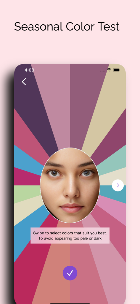 iColors - Color palette muse - Oberfläche, die einen saisonalen Farbtest mit einem Gesicht zeigt, umgeben von einer radialen Farbpalette zur persönlichen Analyse.