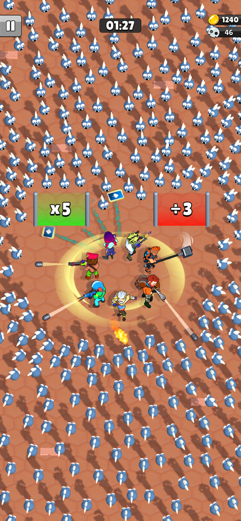 Survive Squad - A team of diverse heroes fighting a massive swarm of blue aliens in a top-down survival game.