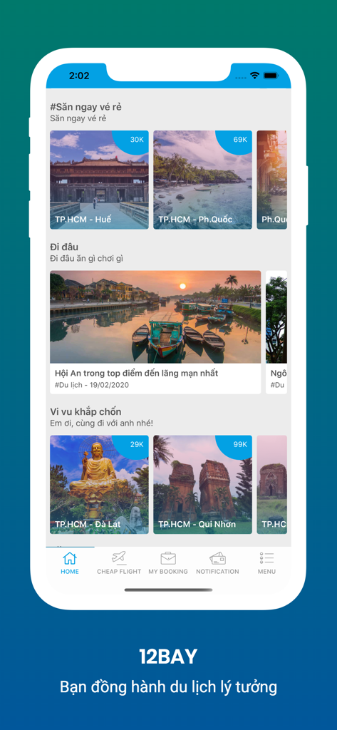 Săn Vé Máy Bay Giá Rẻ 12Bay.vn - 割引航空券価格が表示されたベトナムの様々な旅行先を示す12Bayアプリのホーム画面