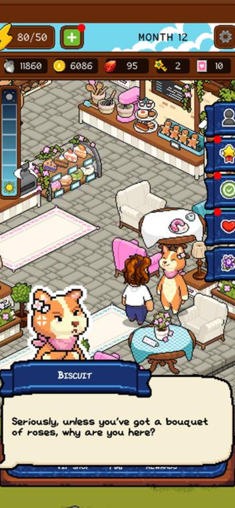 Forest Fables: Cozy pixel sim - Pixel art gameplay of Forest Fables showing a conversation with an animal NPC named Biscuit in a cozy bakery