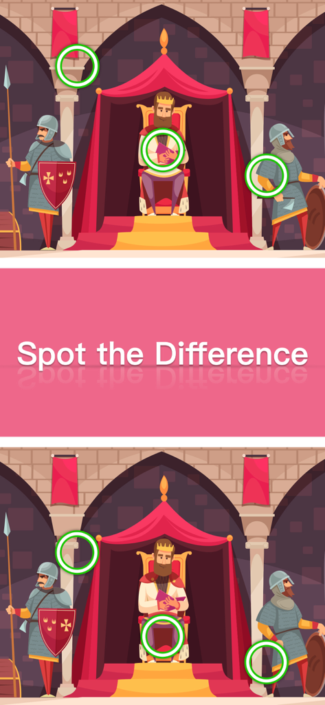 Differences - Find All Diff - A medieval castle scene in a spot the difference puzzle game featuring a king and his guards.