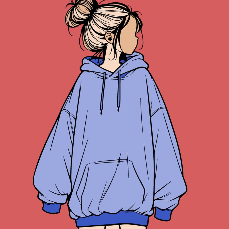 realistic girl with a oversized sweatshirt on and a bun