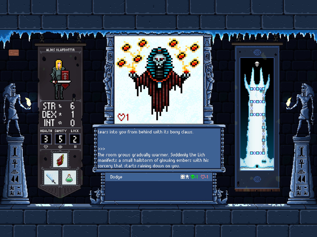 Tower Of The Ice Lich - Una captura de pantalla de juego en pixel art de Tower Of The Ice Lich que muestra una escena de batalla con estadísticas de personaje y un mapa de la torre.
