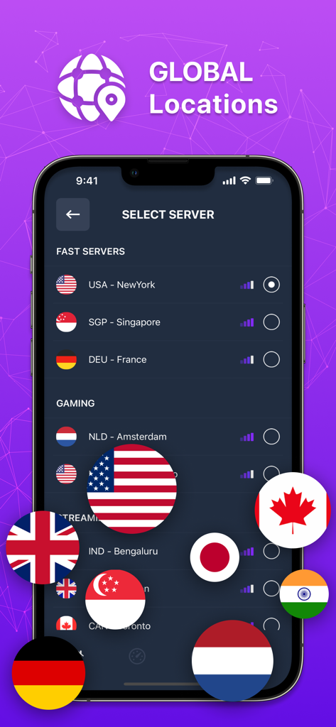 VPN ERO app screen showing a list of global server locations and country flags