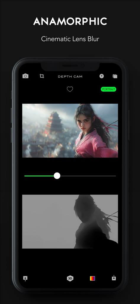 Depth Cam - Depth Editor - Interface of Depth Cam app showing anamorphic cinematic lens blur editing and its corresponding depth map
