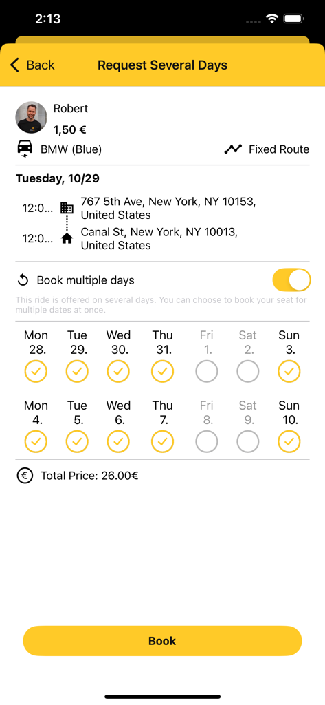 RideBee - RideBee mobile app interface for booking recurring carpool rides with a calendar view.
