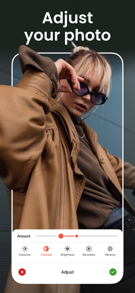 Motion Blur: Photo, Background - Interface do aplicativo móvel mostrando ferramentas de ajuste de foto para contraste e brilho em uma foto de retrato