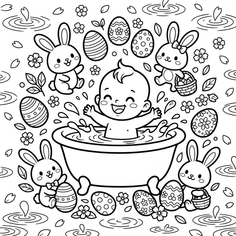 Get ready for an adorable Easter celebration with this charming coloring page featuring a happy baby enjoying a splashy bath. Surrounded by cute bunnies and festive Easter eggs, it's a perfect scene to bring to life with your favorite colors.