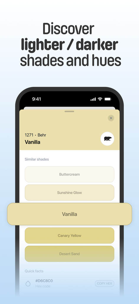 MatchPaintColor app interface showing similar paint shades for Behr Vanilla