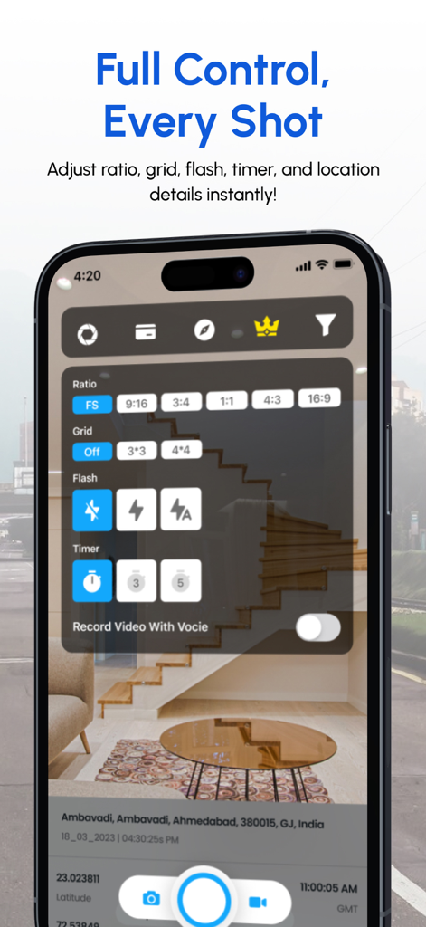 GPS Map Camera & Video Capture - Interface of the GPS Map Camera app showing adjustable camera settings including ratio, grid, and flash over a location-stamped photo.