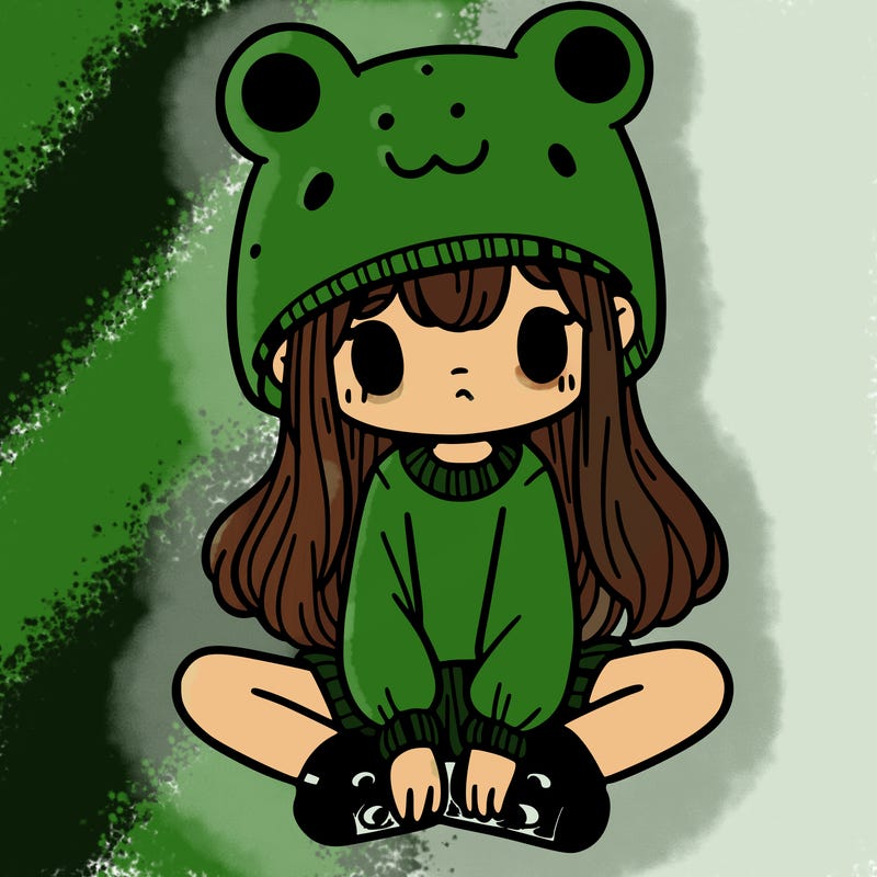 a girl wearing a frog hat and some frog socks