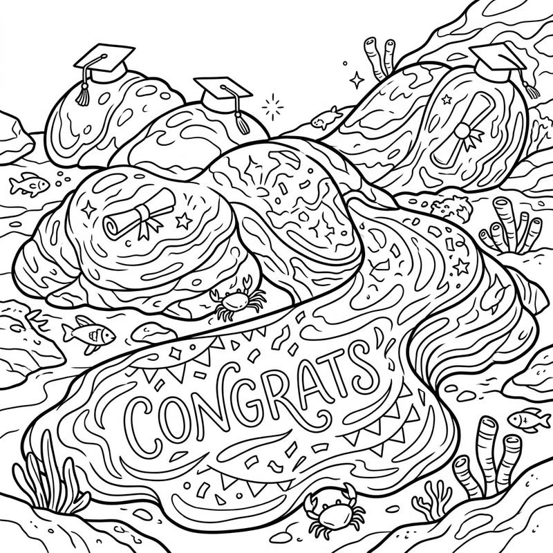 Congratulate your favorite graduate with an unexpected twist! This unique coloring page blends the molten beauty of submarine lava flows with festive graduation elements, creating an exciting scene ready for your creative touch.
