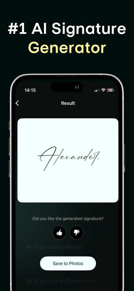 AI Signature Generator Signify - Hand-drawn AI signature result on a mobile phone display