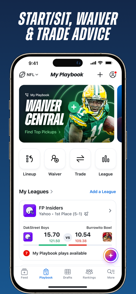 FantasyPros app My Playbook screen featuring lineup waiver and trade advice for fantasy football