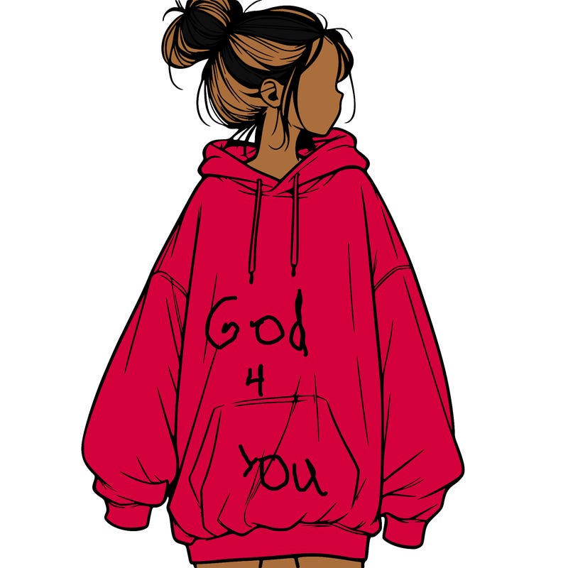 realistic girl with a oversized sweatshirt on and a bun