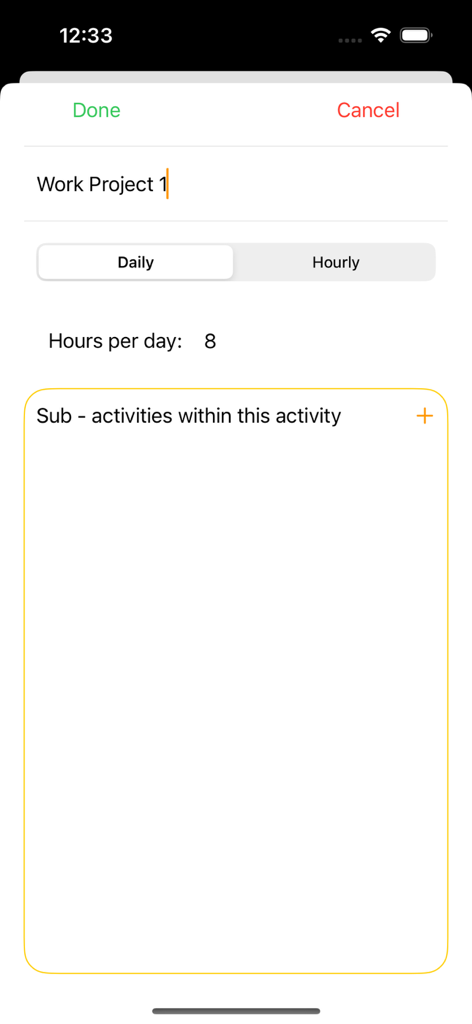 Time Logger - Setup screen for a work project activity in the Time Logger app