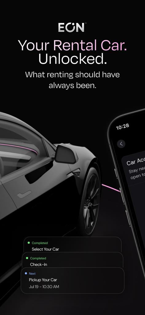 Eon: Electric Car Rentals - Eon app interface showcasing keyless car rental and pickup status for premium electric vehicles.
