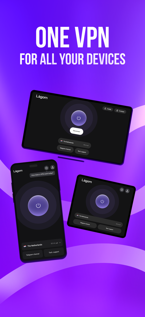 LagomVPN — VPN without ads - LagomVPN interface displayed on a smartphone, tablet, and computer screen