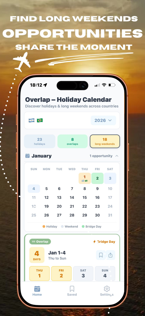 Screenshot of Overlap app showing international holiday comparison and long weekend planning features
