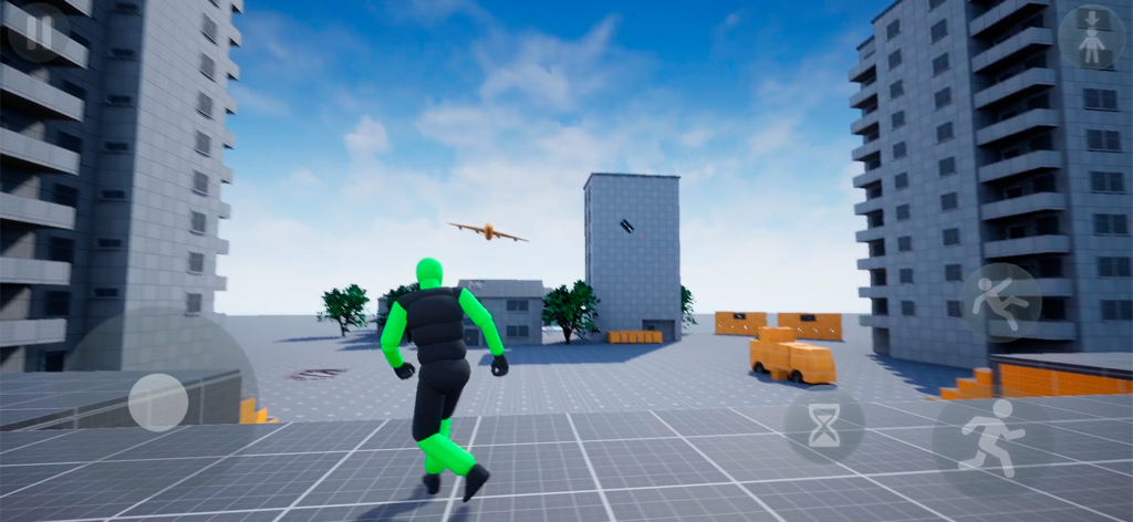 A green ragdoll alien character walking through an urban city sandbox environment with buildings and an airplane.