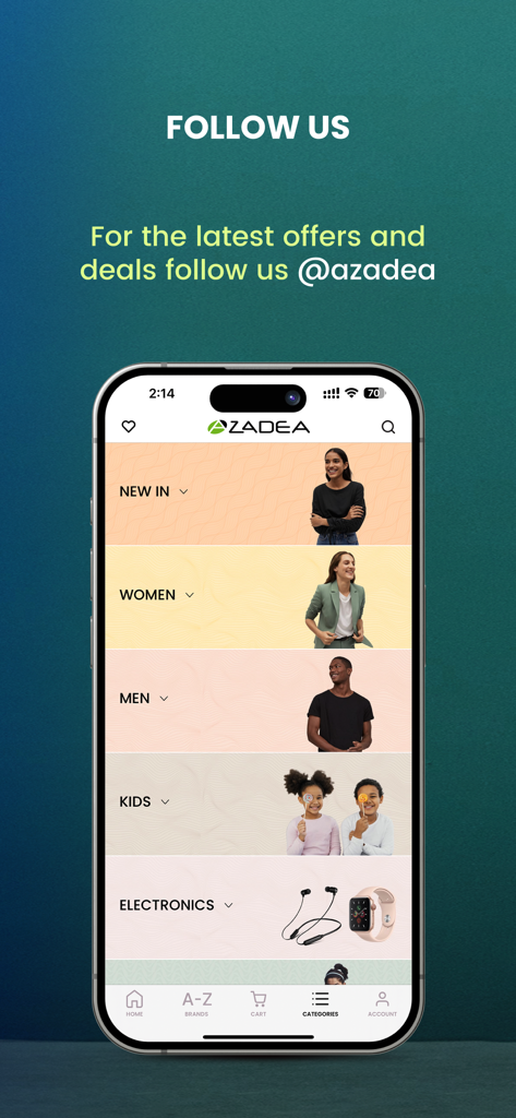 Azadea Mobile App-Oberfläche, die Einkaufskategorien für Damen, Herren, Kinder und Elektronik anzeigt