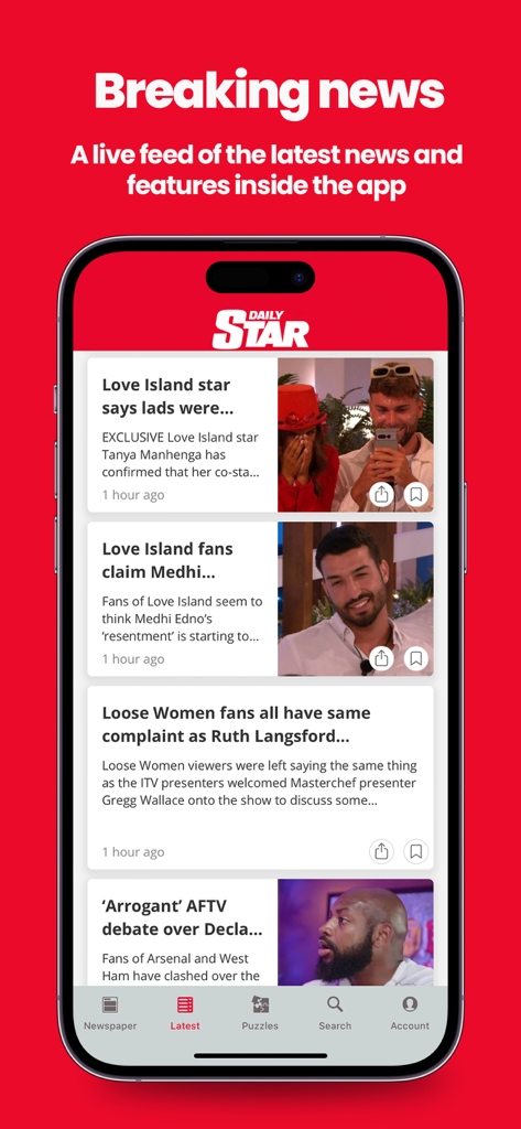 Daily Star mobile app displaying a live breaking news feed with celebrity gossip headlines.